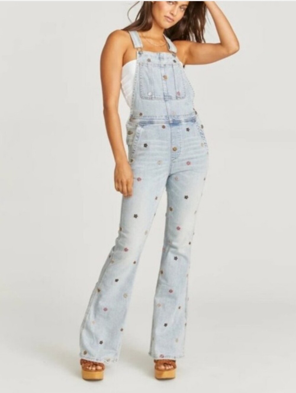 💙 FREE PEOPLE DRIFTWOOD FLARE OVERALLS Floral Embroidery 💙
